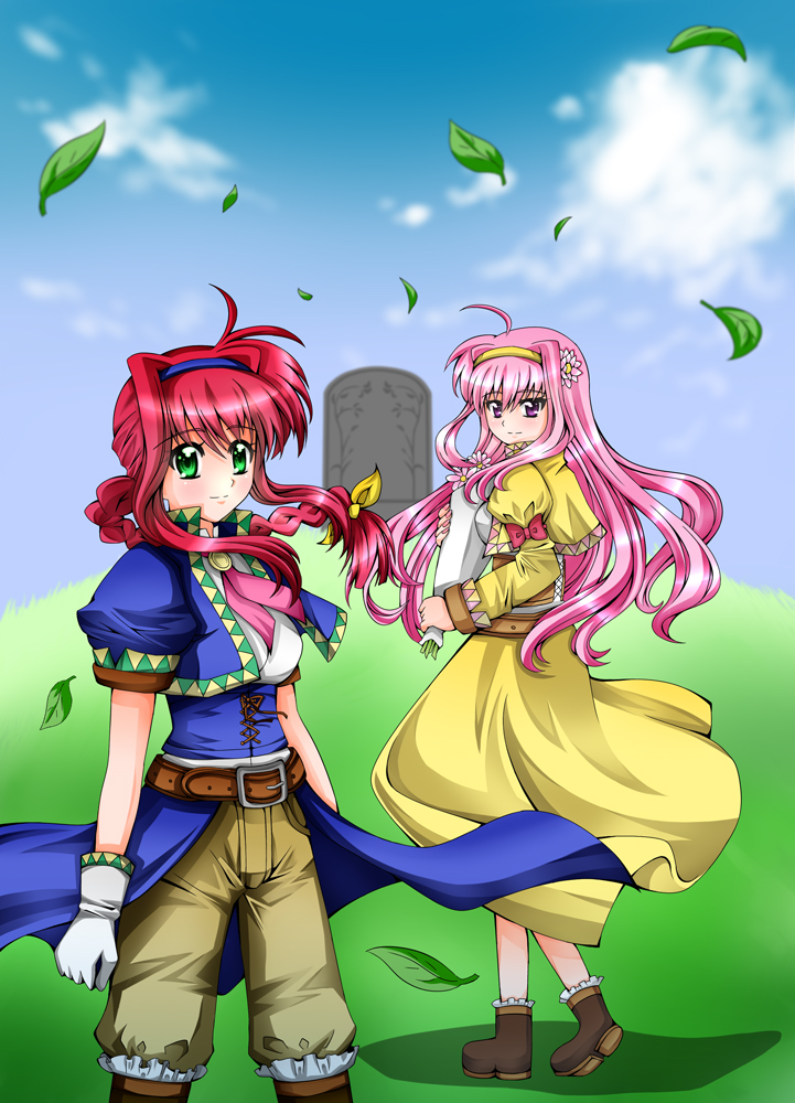 2girls, amitie_florian, belt, blush, boots, bouquet, braid, corset