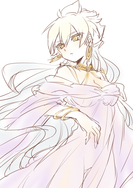 1girl, bracelet, breasts, cosplay, dress, earrings, genderswap, hakuryuu_(inazuma_eleven)