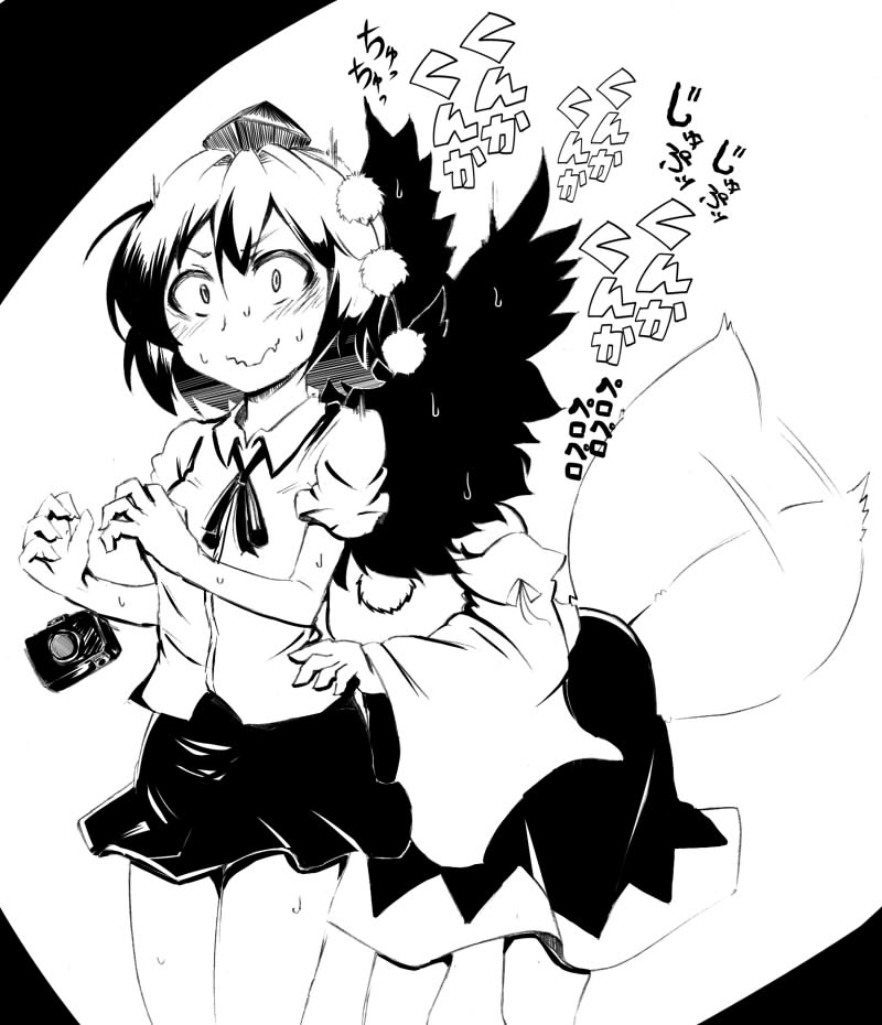 2girls, blush, camera, hat, inubashiri_momiji, kinokodake, kiss, licking, monochrome, multiple_girls, shameimaru_aya, smelling, sweatdrop, tail, tail_wagging, tokin_hat, touhou, wavy_mouth, wings, wolf_tail, yuri