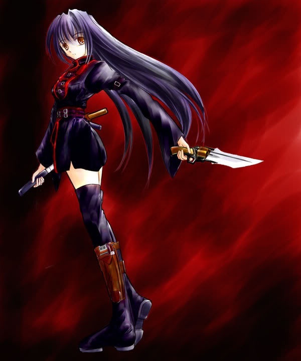 artist_request, boots, duel_wielding, gun, gunblade, knee_boots, long_hair, purple_hair