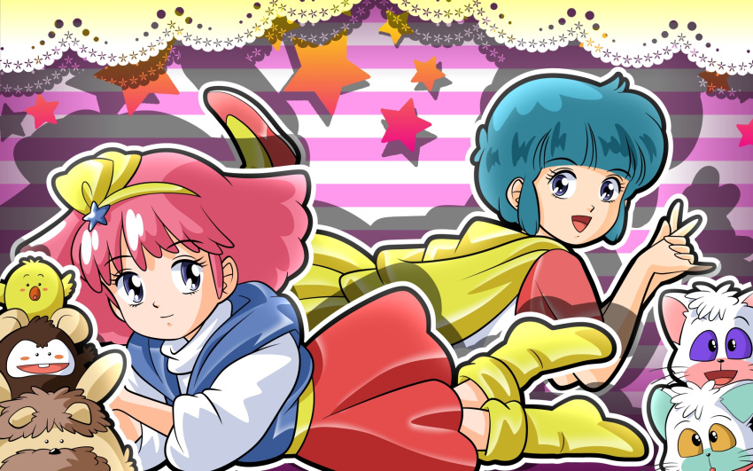 2girls, bird, blue_eyes, blue_hair, cat, creature, crossover, dress