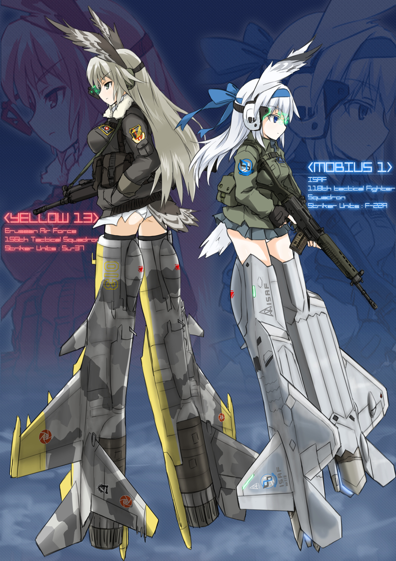 2girls, ace_combat, ace_combat_04, airplane, animal_ears, back-to-back, blue_eyes, bow