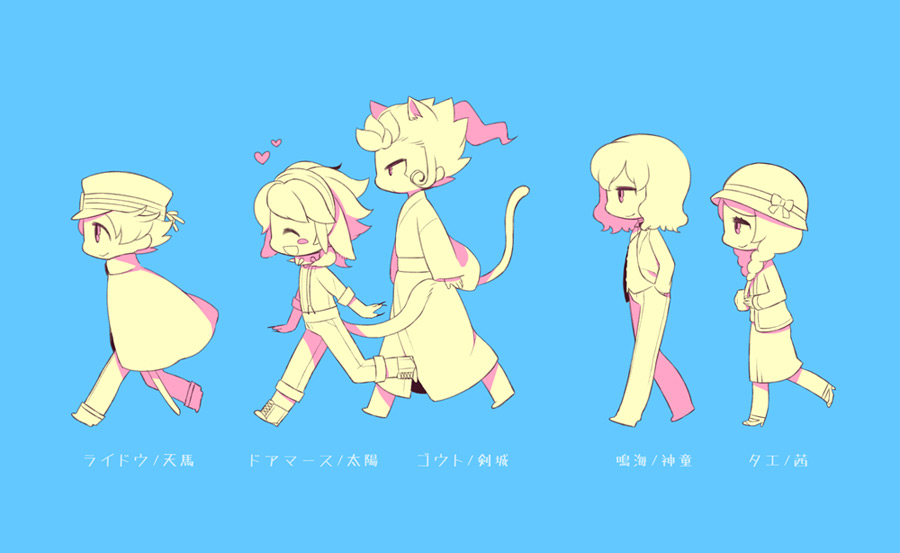 1girl, 4boys, amemiya_taiyou, animal_ears, asakura_tae, asakura_tae_(cosplay), blue_background, blush, cat_ears, cat_tail, closed_eyes, collar, cosplay, dormarth, dormarth_(cosplay), gouto, gouto_(cosplay), heart, kuzonoha_raidou_(cosplay), kuzunoha_raidou, matsukaze_tenma, monochrome, multiple_boys, narumi_shouhei, narumi_shouhei_(cosplay), shindou_takuto, simple_background, smile, spiked_collar, spikes, spot_color, tail, tooru, tsurugi_kyousuke, yamana_akane