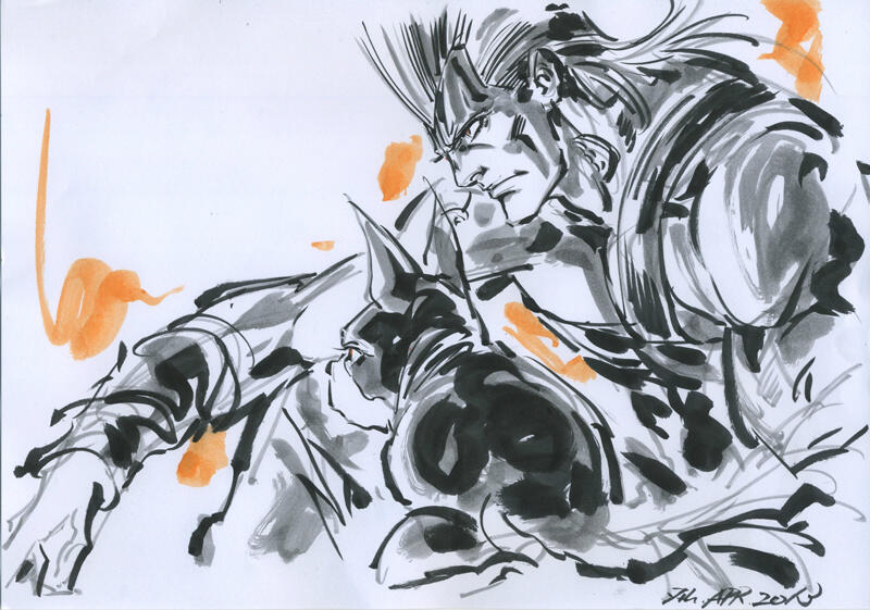 boston_terrier, dog, hayama_jun'ichi, iggy_(jojo), jean_pierre_polnareff, jojo_no_kimyou_na_bouken, marker_(medium), traditional_media