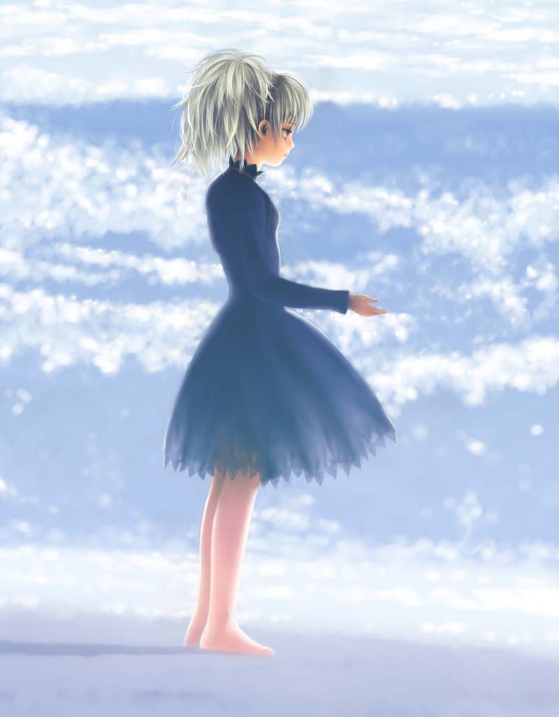 bare_feet, darker_than_black, dress, long_hair, pony_tail, red_eyes, silver_hair, toshi_hiroshi, violet_eyes, white_hair, yin