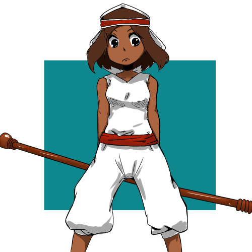 bare_shoulders, black_eyes, brown_hair, dark_skin, female, final_fantasy, final_fantasy_tactics, headband, hood, ikkomadestroyer, rapha_galthena, sash, short_hair, solo, staff