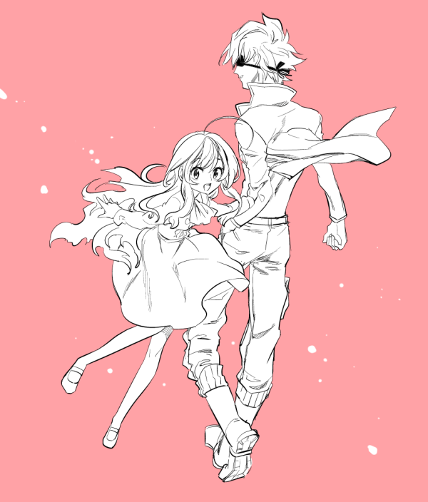 1boy, 1girl, ahoge, dress, eyepatch, hinomiya_andy, long_hair, monochrome