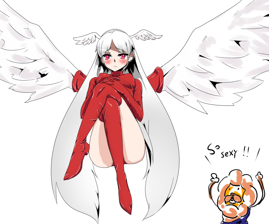 blush, boots, crossed_legs, female, final_fantasy, final_fantasy_tactics, head_wings, headwings, ikkomadestroyer, iwamasama, long_hair, red_eyes, silver_hair, sitting, solo, thigh-highs, thigh_boots, thighhighs, ultima_(fft), very_long_hair, wings