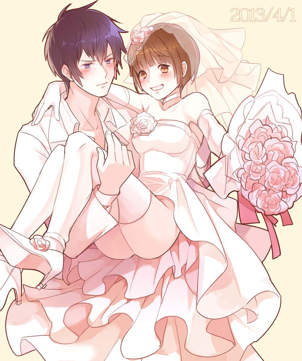 1boy, 1girl, blush, bouquet, bridal_veil, bride, brown_eyes, brown_hair, carrying, couple, dress, elbow_gloves, flower, formal, gloves, gown, grin, kougami_shin'ya, mj_(11220318), princess_carry, psycho-pass, purple_hair, short_hair, smile, suit, tsunemori_akane, veil, violet_eyes, wedding_dress
