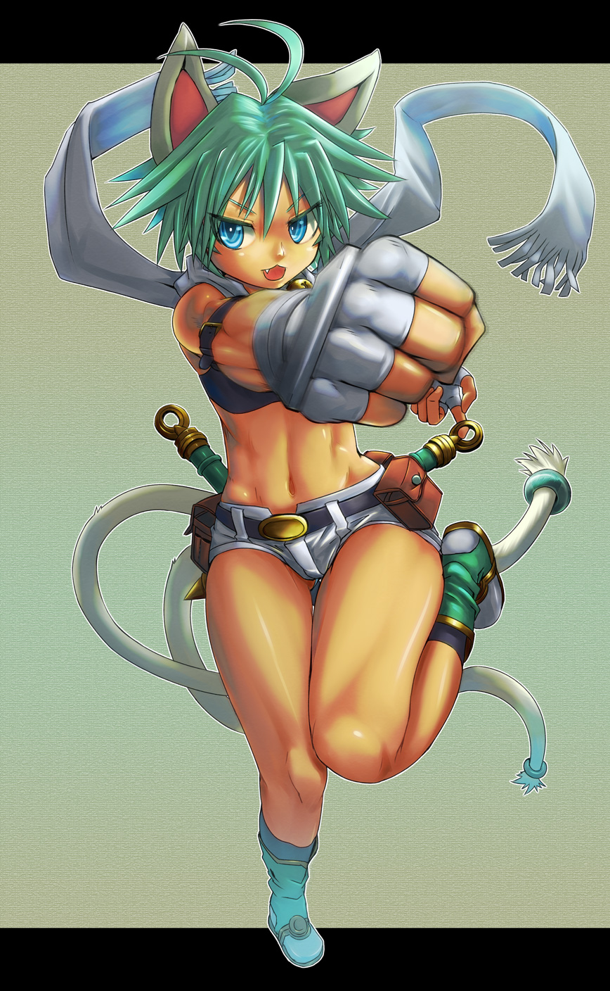 1girl, animal_ears, antenna_hair, belt, beryl_(shinrabanshou), blue_eyes, cat_ears, cat_tail, fang, fingerless_gloves, foreshortening, gloves, green_hair, highres, huster_ham, letterboxed, midriff, navel, punching, scarf, shinrabanshou, short_hair, short_shorts, shorts, simple_background, solo, sword, tail, tubetop, two_tails, weapon