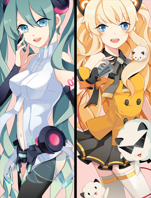 2girls, blonde_hair, blue_eyes, center_opening, green_hair, hatsune_miku, long_hair, miku_append