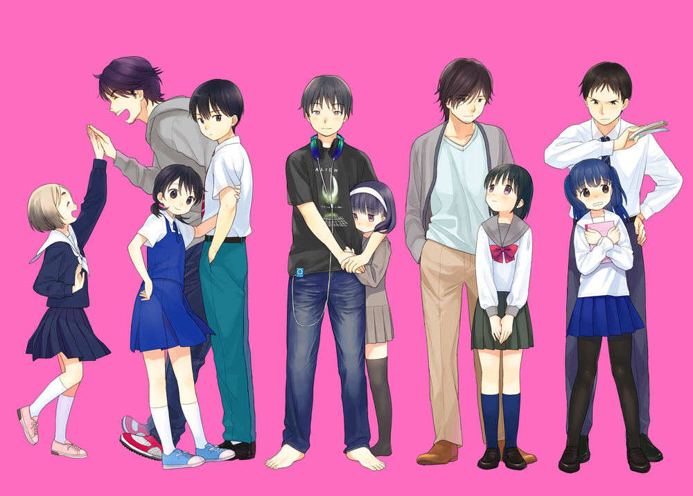 5boys, 5girls, angry, arm_grab, barefoot, black_hair, brown_hair, closed_eyes