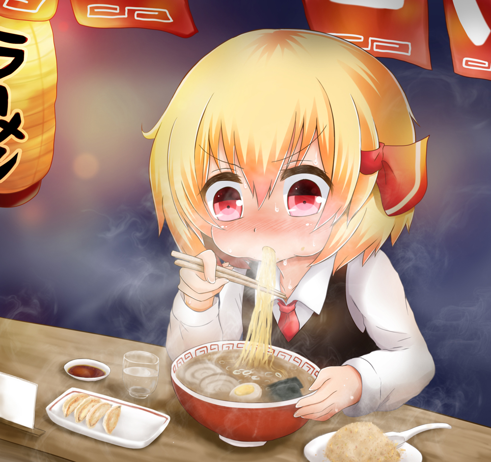 1girl, ascot, blonde_hair, blush, bowl, bust, chopsticks, cup