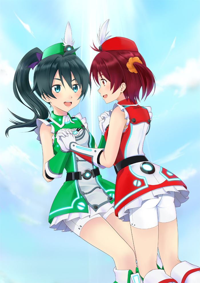 2girls, bike_shorts, gloves, green_eyes, green_hair, hat, holding_hands, isshiki_akane