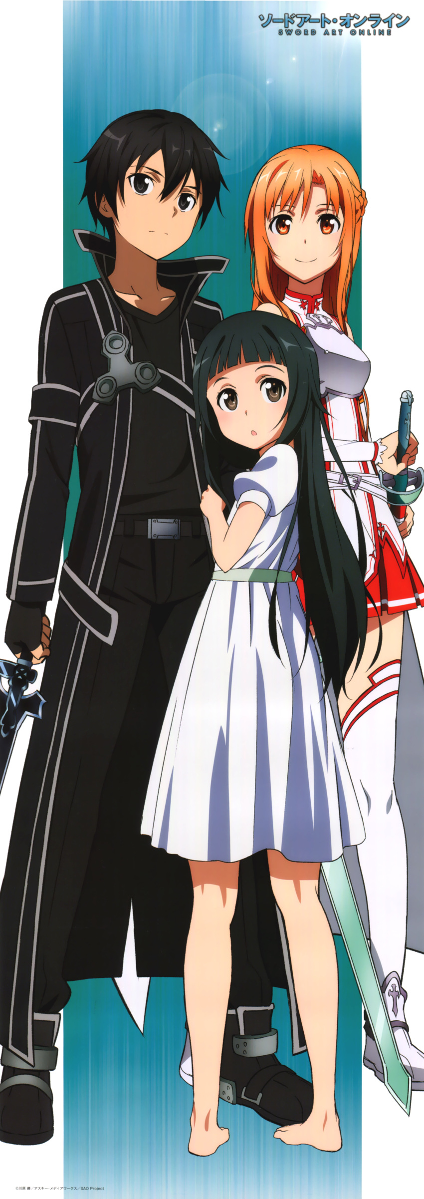 1boy, 2girls, absurdres, asuna_(sao), barefoot, black_eyes, black_hair, braid
