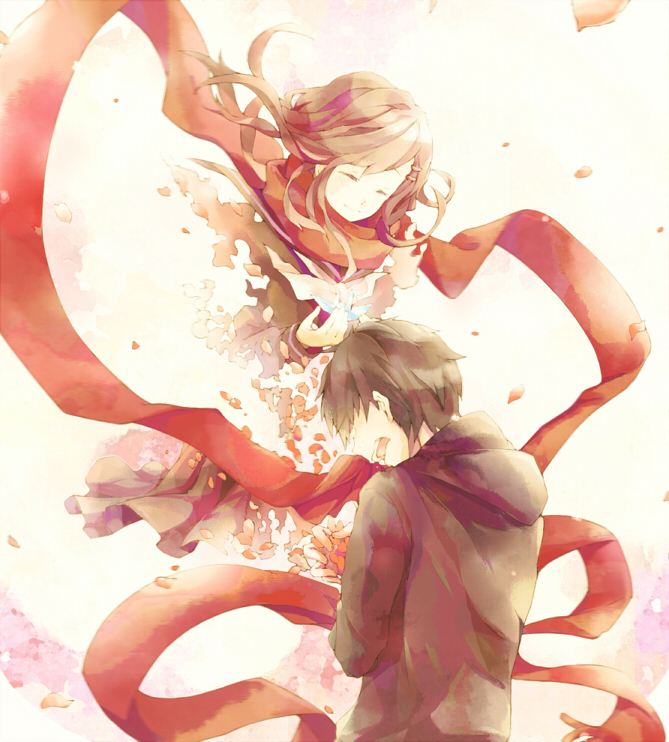 1boy, 1girl, ayano_(kagerou_project), closed_eyes, dissolving, hair_ornament, hairclip, kagerou_project, kisaragi_shintarou, long_hair, loss_time_memory_(vocaloid), paper_airplane, petals, poppo_(regretnamida), scarf, school_uniform, serafuku, short_hair, smile, tears