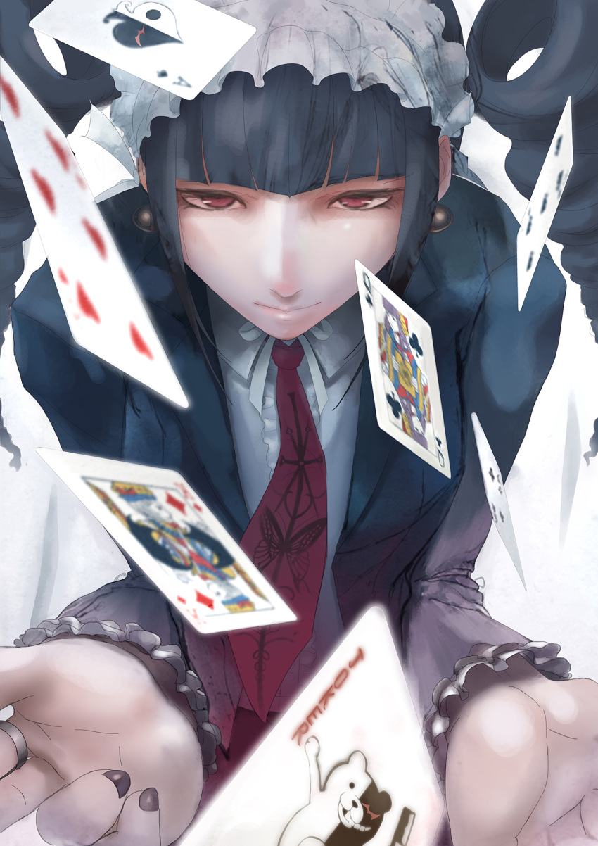 1girl, black_hair, blurry, card, celestia_rudenberk, dangan_ronpa, depth_of_field, drill_hair
