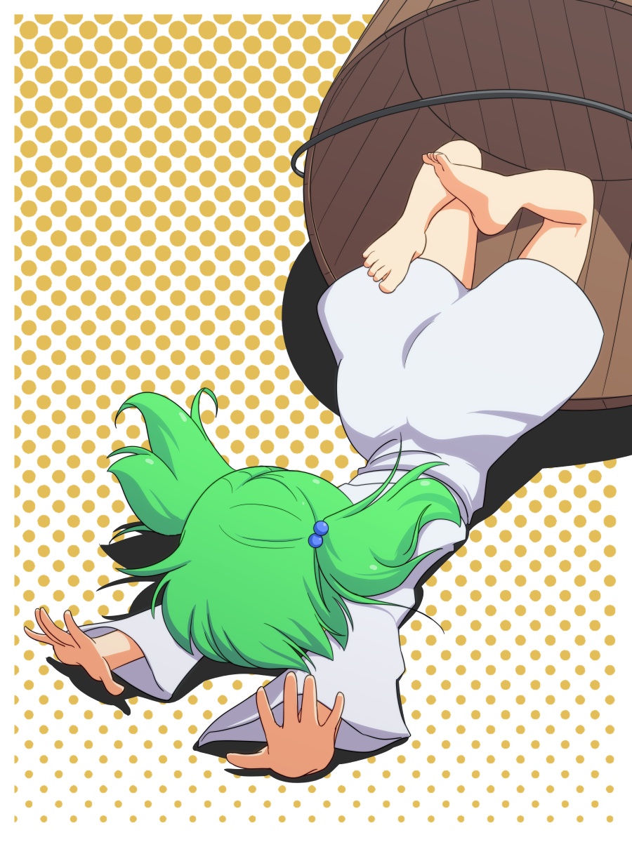 1girl, barefoot, bucket, cato_(monocatienus), faceplant, green_hair, hair_bobbles, hair_ornament