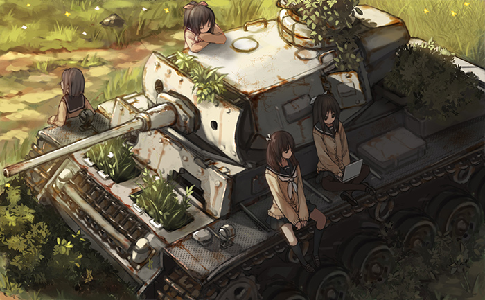 4girls, brown_hair, computer, grass, head_rest, laptop, military, military_vehicle
