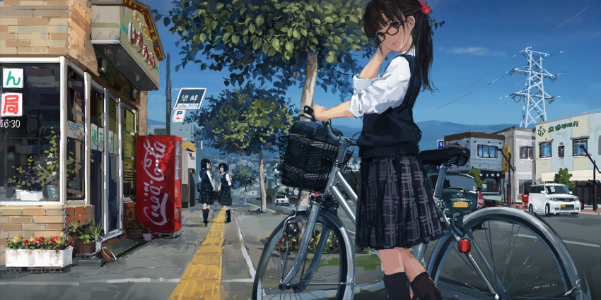 3girls, bicycle, black_hair, black_legwear, brown_eyes, brown_hair, building, car