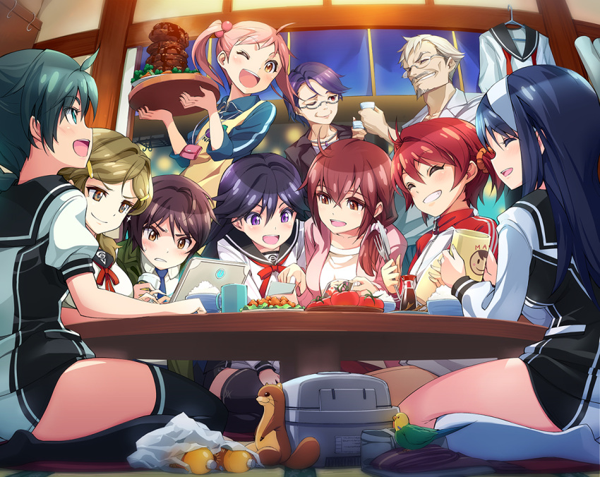 1boy, 6+girls, :d, ;d, ahoge, amagi_mizuha, bird, black_hair