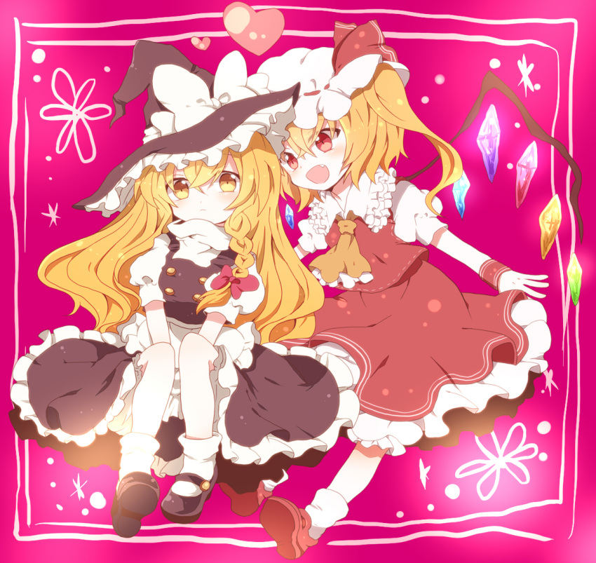 2girls, apron, ascot, black_dress, blonde_hair, braid, dress, fang