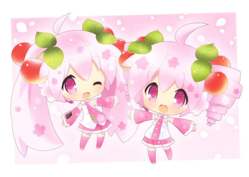 2girls, ahoge, blush, cherry, detached_sleeves, drill_hair, food, food_as_clothes, food_themed_clothes, fruit, hahifuhe, hatsune_miku, kasane_teto, long_hair, looking_at_viewer, multiple_girls, necktie, open_mouth, pink_eyes, pink_hair, sakura_miku, sakura_teto, skirt, smile, twintails, utau, vocaloid, wink