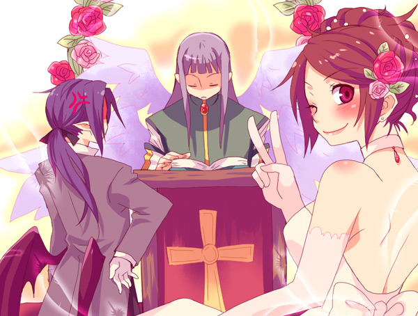 bat_wings, bride, brown_hair, disgaea, dress, laharl's_mother, laharl's_mother, mid-boss