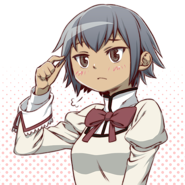 1girl, blue_hair, bow, dark_skin, frown, grey_eyes, holding_hair, jumping_giraffe, mahou_shoujo_madoka_magica, polka_dot, polka_dot_background, school_uniform, short_hair, tsurime