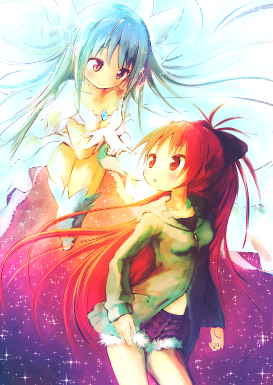 2girls, alternate_hair_length, alternate_hairstyle, blue_hair, broom, cosplay, goddess_madoka, hair_ribbon