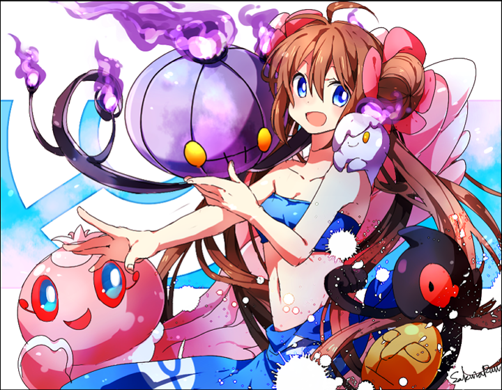 1girl, bare_shoulders, brown_hair, chandelure, cosplay, double_bun, flower, frillish, fuyou_(pokemon), fuyou_(pokemon)_(cosplay), hair_flower, hair_ornament, litwick, mei_(pokemon), midriff, naru_(andante), navel, pokemon, pokemon_(creature), pokemon_(game), pokemon_bw2, pokemon_rse, skirt, tubetop, yamask