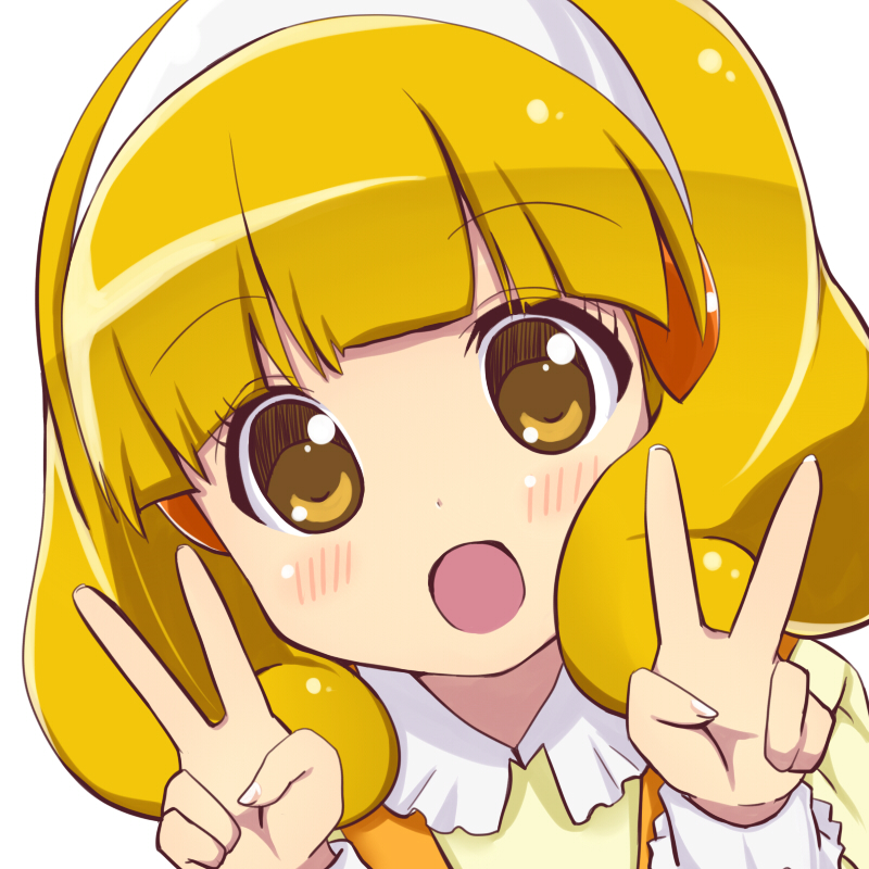 1girl, amano_kouki, blonde_hair, blush, kise_yayoi, open_mouth, precure, simple_background
