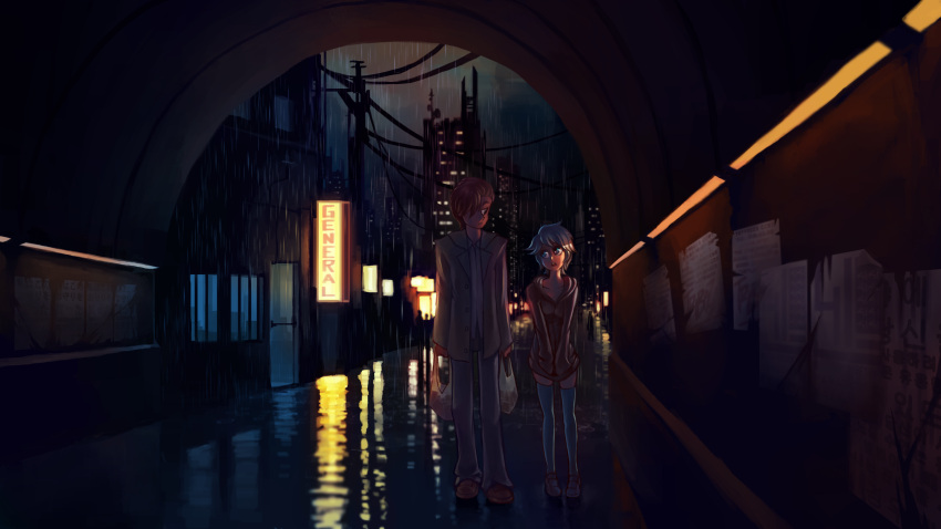 1boy, 1girl, bag, black_legwear, brown_hair, city, cyrus_(dysfunctional_systems), dysfunctional_systems, hair_over_one_eye, highres, hoodie, night, rain, rtil, shopping_bag, short_hair, sweater_dress, thigh-highs, under_bridge, white_hair, winter_harrison