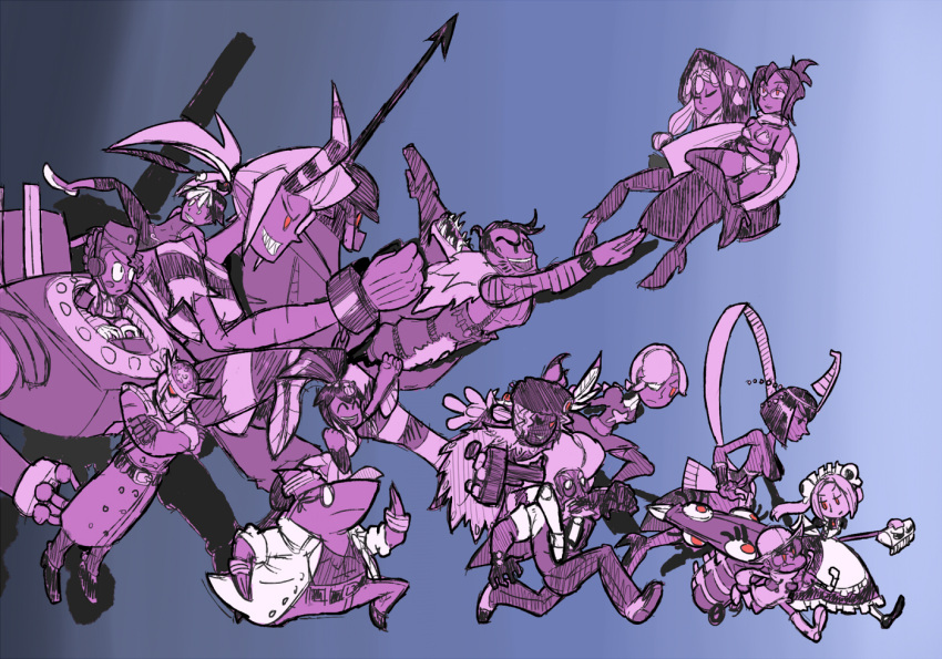 5boys, 6+girls, aeon_(skullgirls), android, annie_(skullgirls), beowulf_(skullgirls), black_dahlia, blazing_metal_stranger, bloody_marie_(skullgirls), boots, brain_drain_(skullgirls), closed_umbrella, eliza_(skullgirls), feng_(skullgirls), flying, giantess, goddess, horn, hungern_(skullgirls), isaac_(skullgirls), mecha, minette_(skullgirls), molly_(skullgirls), monochrome, multiple_boys, multiple_girls, panzerfaust_(skullgirls), prison_clothes, red_eyes, running, scar, scythana, shackle, skullgirls, stanley_whitefin, thigh-highs, thigh_boots, umbrella, umbrella_(skullgirls), walker