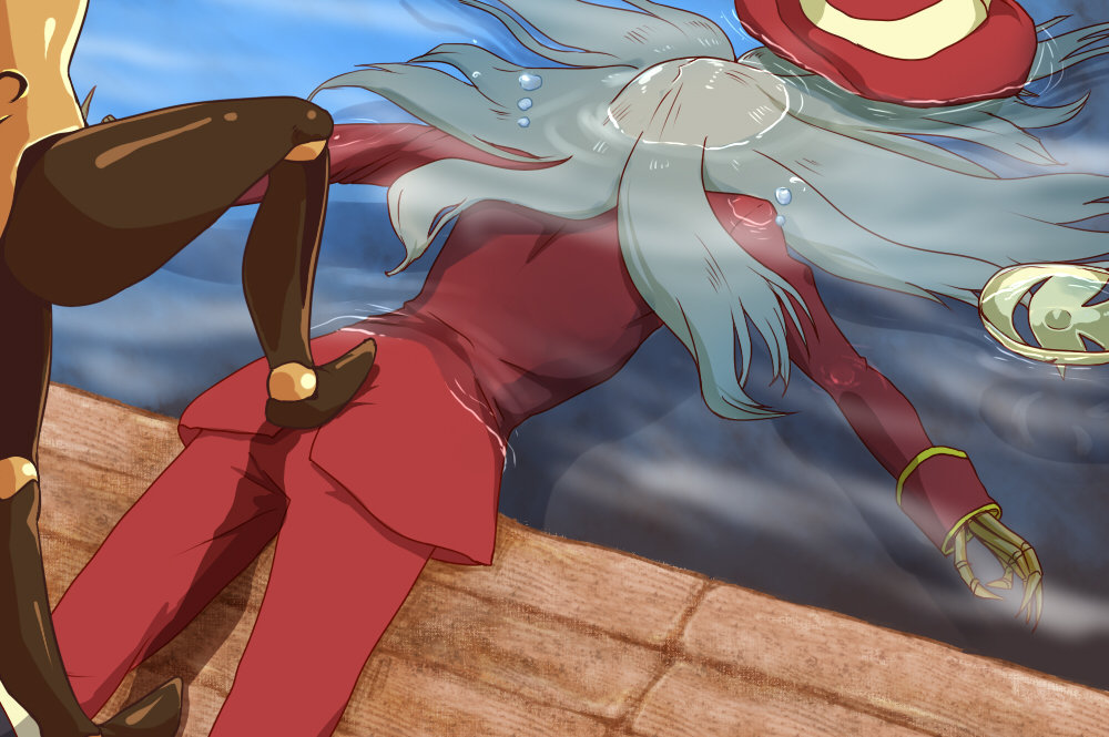 1boy, 1girl, asphyxiation, bone, doll, doll_joints, drowning, hat, hat_removed, headwear_removed, long_hair, mask, mask_removed, muse_(skullgirls), silver_hair, skullgirls, stepped_on, taliesin_(skullgirls), tatugon, water
