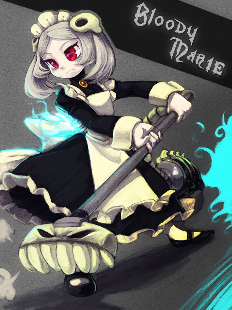 1girl, apron, bloody_marie_(skullgirls), hair_ornament, maid, maid_headdress, pantyhose, red_eyes, skull_hair_ornament, skullgirls, tatugon, twintails, vacuum_cleaner, white_legwear