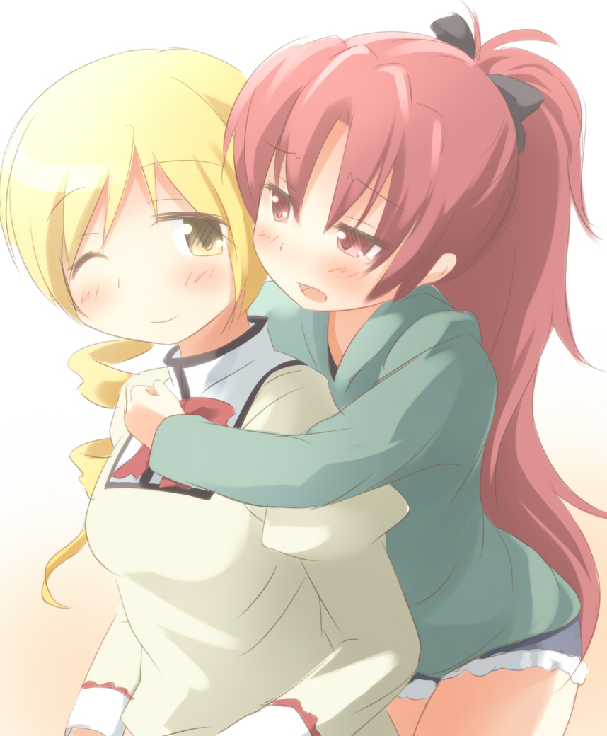 2girls, blonde_hair, blush, drill_hair, hair_ribbon, hug, hug_from_behind, long_hair, mahou_shoujo_madoka_magica, multiple_girls, ponytail, ran_(9ens2000), red_eyes, redhead, ribbon, sakura_kyouko, school_uniform, smile, tomoe_mami, white_background, wink, yellow_eyes