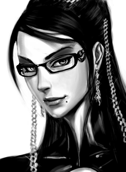 bayonetta_(character), black_hair, earrings, glasses, google123, jewelry, lips, lipstick, mole, monochrome, reza_kabir, solo