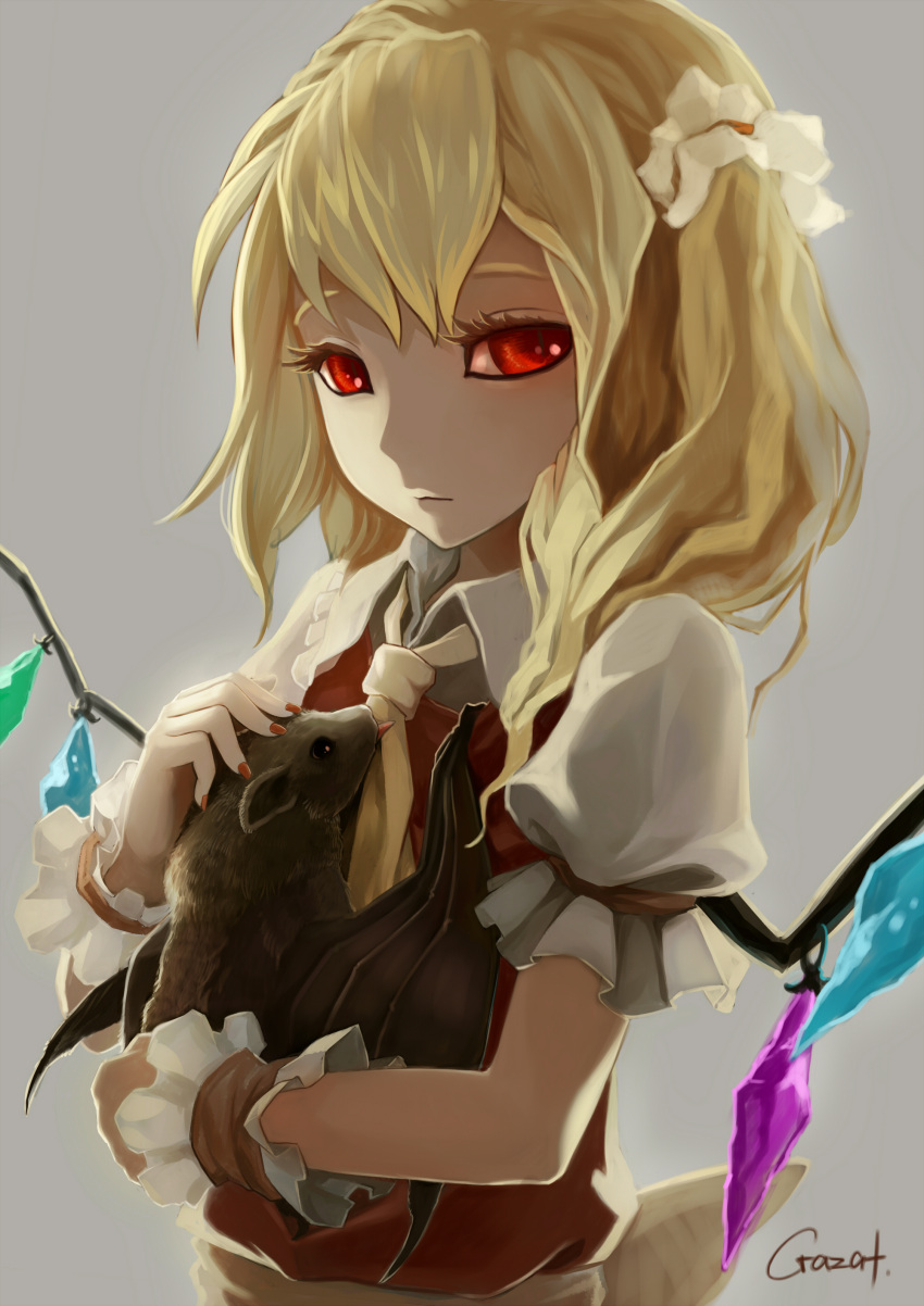 1girl, absurdres, ascot, bat, blonde_hair, crazat, flandre_scarlet, grey_background