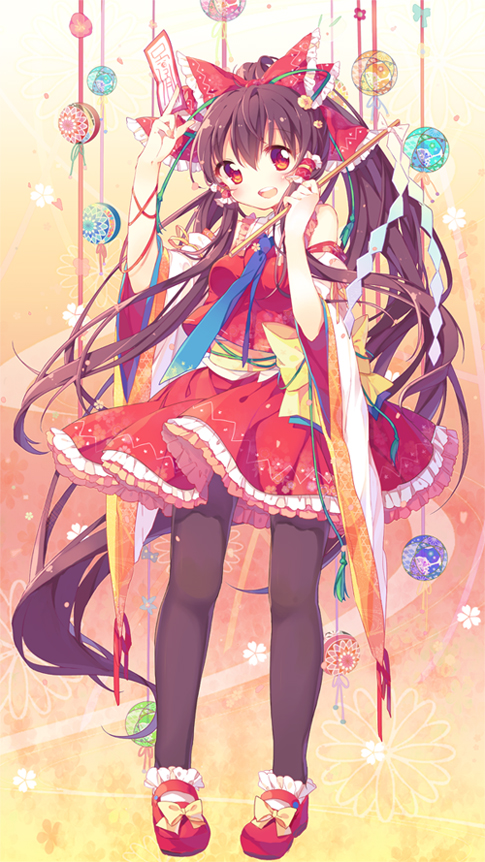 1girl, black_legwear, bow, brown_eyes, brown_hair, detached_sleeves, embellished_costume, gohei
