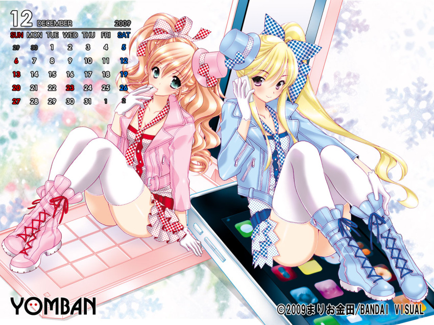 blonde_hair, boots, bow, calendar, cellphone, december, dress, green_eyes