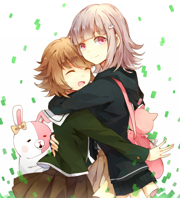 1boy, 1girl, backpack, bag, dangan_ronpa, flipped_hair, fujisaki_chihiro, hair_ornament, hairclip, hoodie, hug, matako, monomi_(dangan_ronpa), nanami_chiaki, open_mouth, orange_hair, pink_eyes, pink_hair, pleated_skirt, school_uniform, skirt, smile, spoilers, super_dangan_ronpa_2, trap