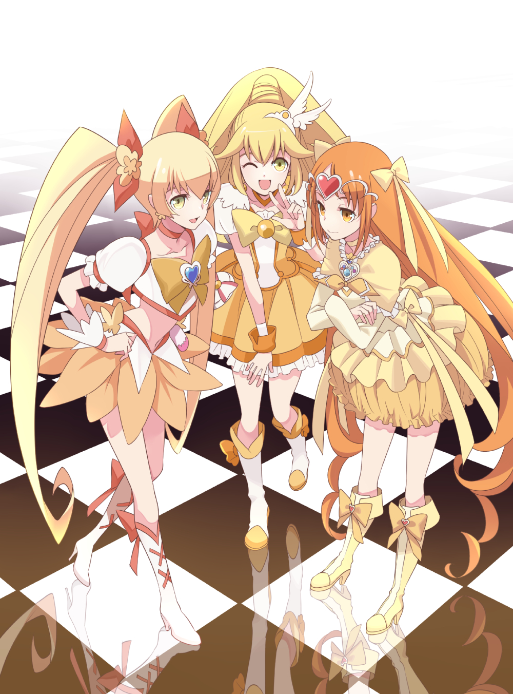 3girls, bike_shorts, blonde_hair, boots, bow, brooch, bubble_skirt, checkered