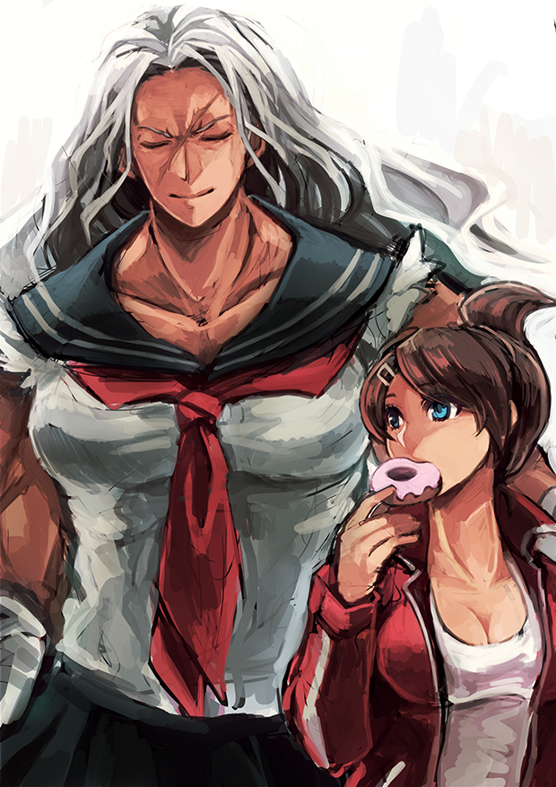 2girls, asahina_aoi_(dangan-ronpa), blue_eyes, breasts, brown_hair, cleavage, closed_eyes, dangan_ronpa