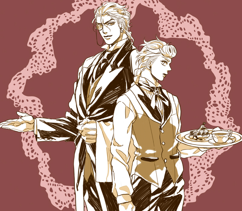 2boys, butler, cake, cup, dio_brando, father_and_son, food, formal