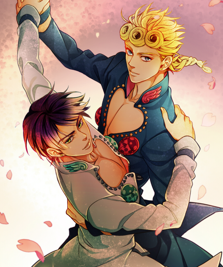 2boys, black_hair, blonde_hair, blue_eyes, braid, curly_hair, dancing, dual_persona, giorno_giovanna, green_eyes, jojo_no_kimyou_na_bouken, ladybug, multiple_boys, petals, popopome111