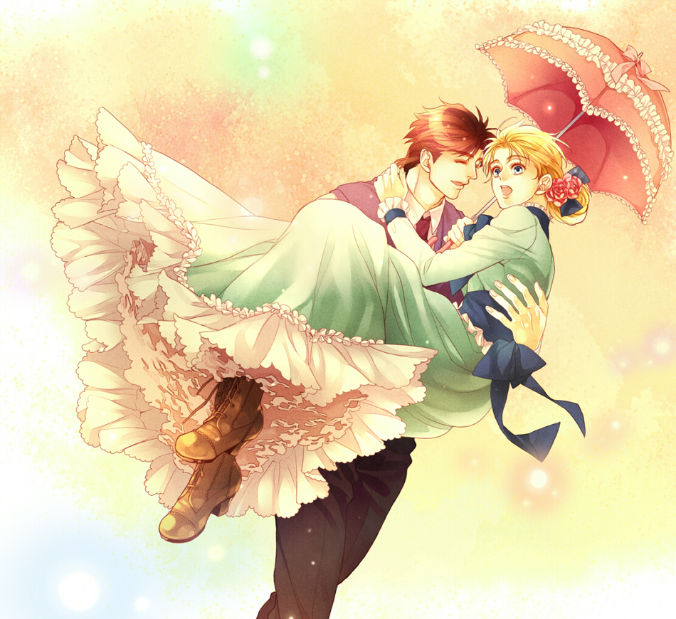 1boy, 1girl, blonde_hair, blue_eyes, brown_hair, carrying, couple, dress, erina_pendleton, formal, hair_bun, hetero, jojo_no_kimyou_na_bouken, jonathan_joestar, parasol, popopome111, princess_carry, suit, umbrella