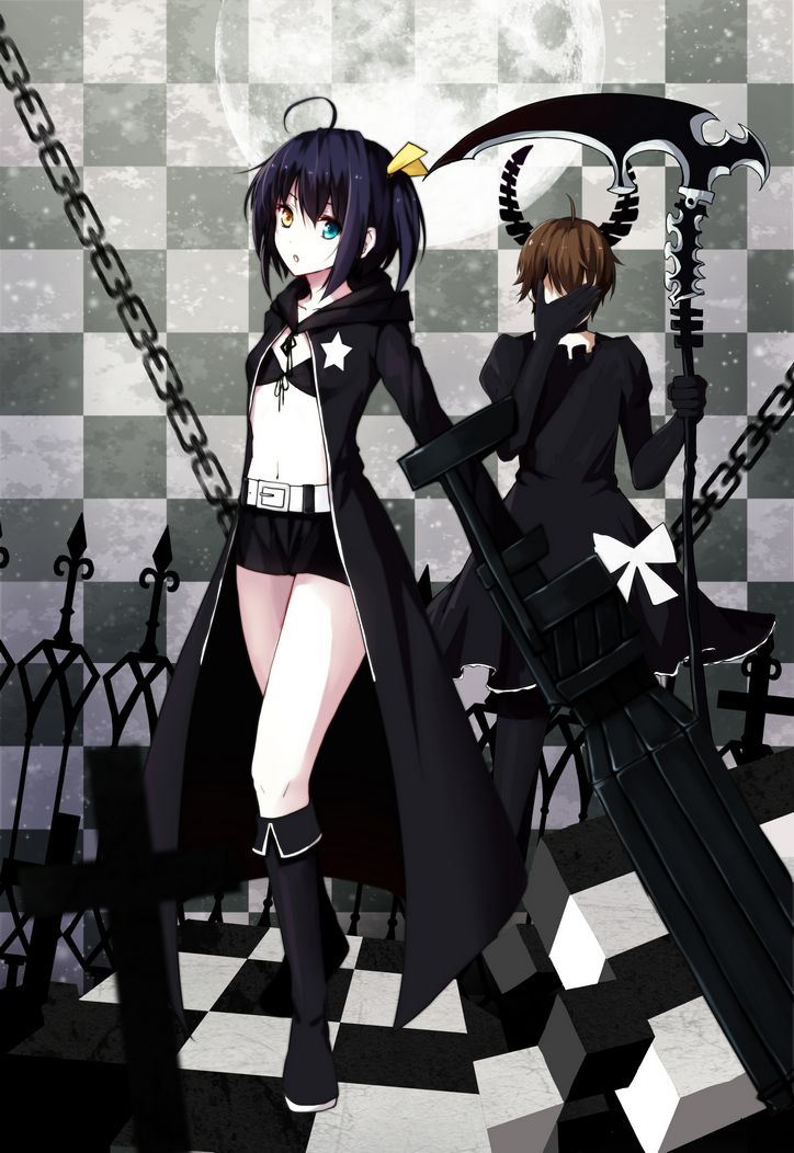 1boy, 1girl, bikini_top, black_hair, black_rock_shooter, black_rock_shooter_(character), black_rock_shooter_(cosplay), boots