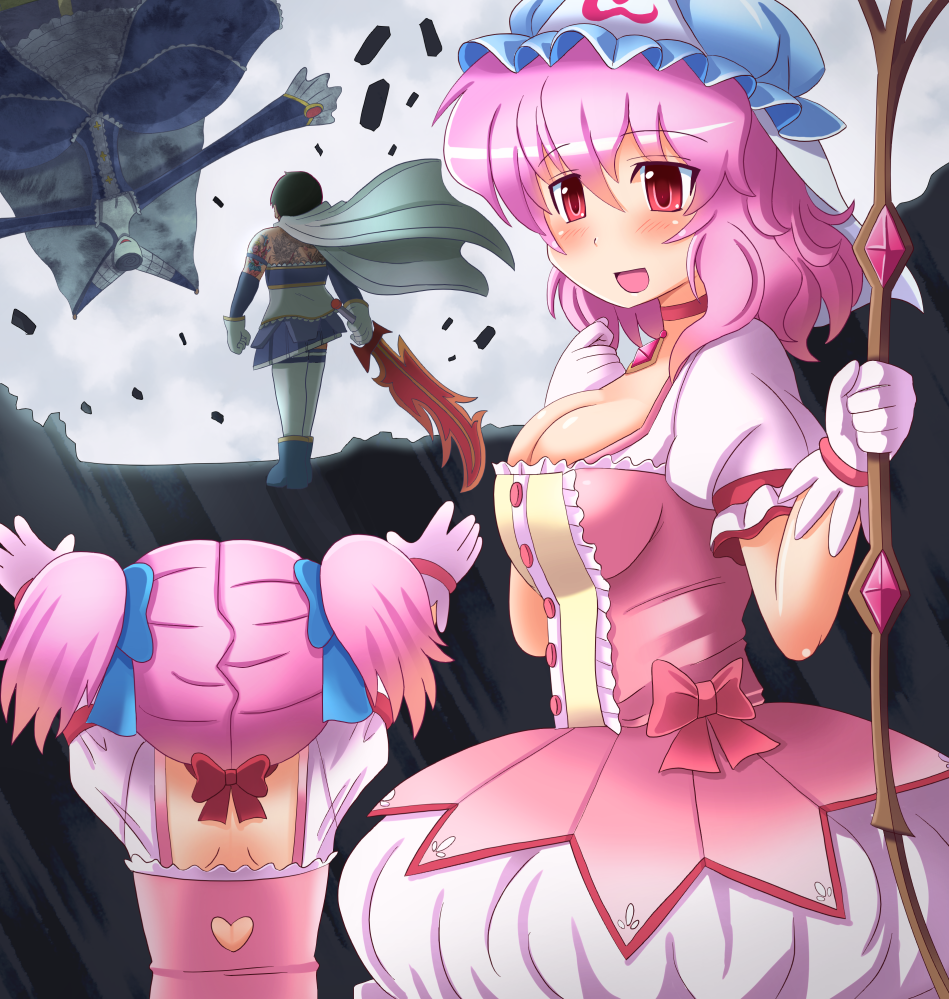2girls, artist_self-insert, child, cosplay, dual_persona, ganesha, hat, kaname_madoka