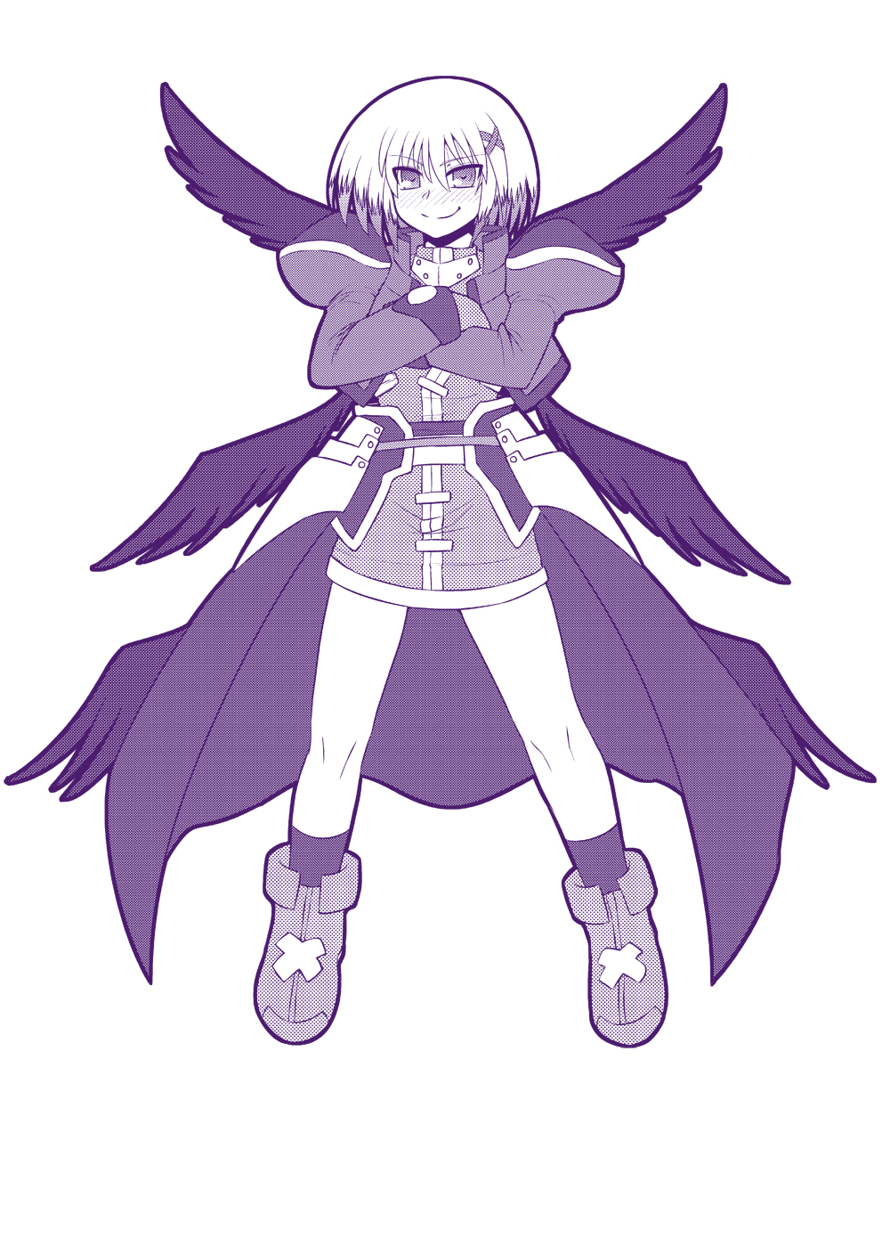 1girl, armor, blush, crossed_arms, hair_ornament, highres, long_sleeves, lyrical_nanoha